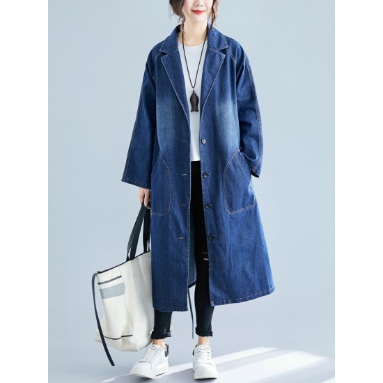 Original Lapel Long Sleeve Denim Outerwear&Trench