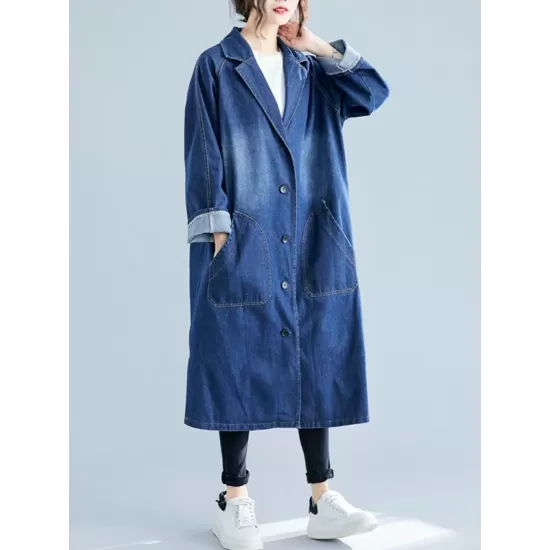 Original Lapel Long Sleeve Denim Outerwear&Trench