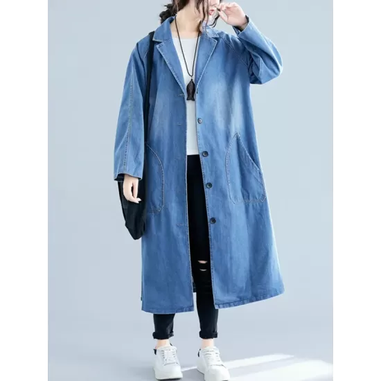 Original Lapel Long Sleeve Denim Outerwear&Trench