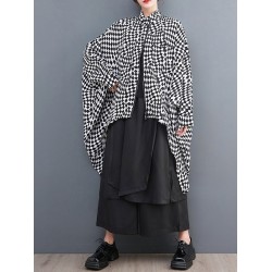 High-Low Loose Plaid Zipper Stand Collar Outerwear