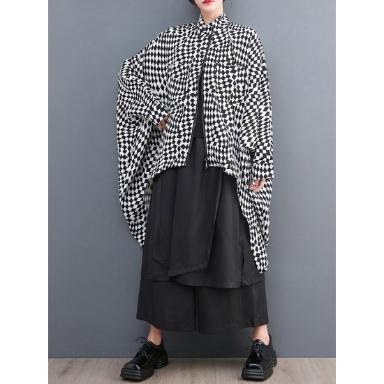 High-Low Loose Plaid Zipper Stand Collar Outerwear