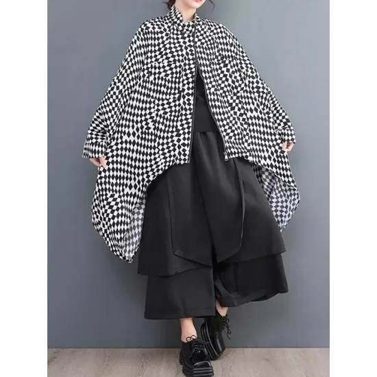 High-Low Loose Plaid Zipper Stand Collar Outerwear