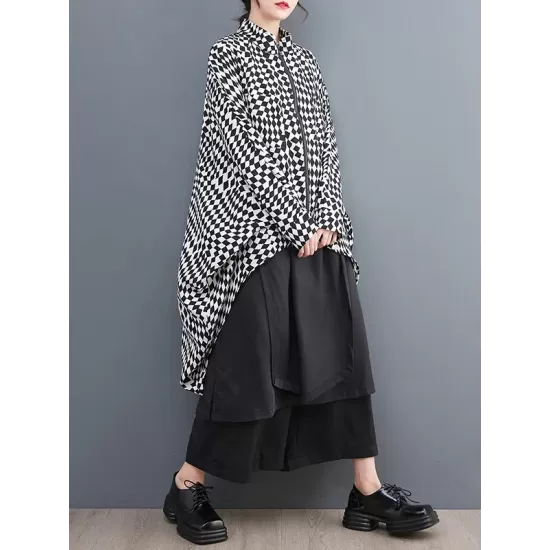 High-Low Loose Plaid Zipper Stand Collar Outerwear