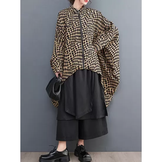 High-Low Loose Plaid Zipper Stand Collar Outerwear