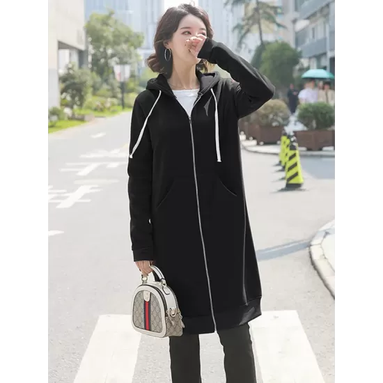 4Colors Drawstring Hooded Split-Joint Pocket Solid Color Zipper Outerwear