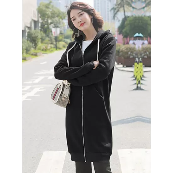 4Colors Drawstring Hooded Split-Joint Pocket Solid Color Zipper Outerwear