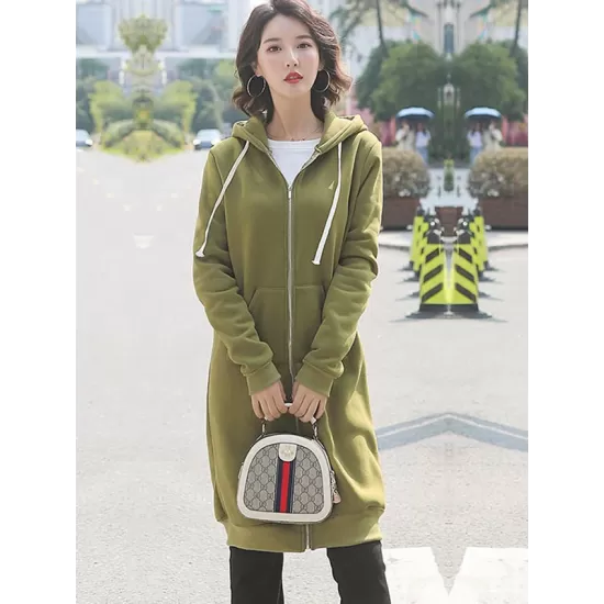 4Colors Drawstring Hooded Split-Joint Pocket Solid Color Zipper Outerwear