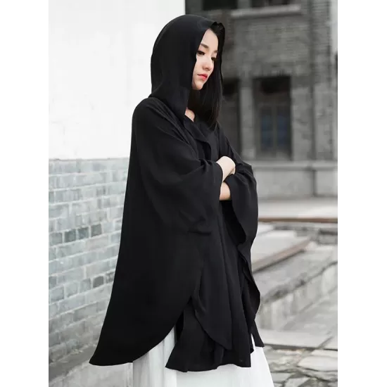 Simple Solid Loose Batwing Sleeve Hood Cape