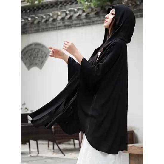 Simple Solid Loose Batwing Sleeve Hood Cape