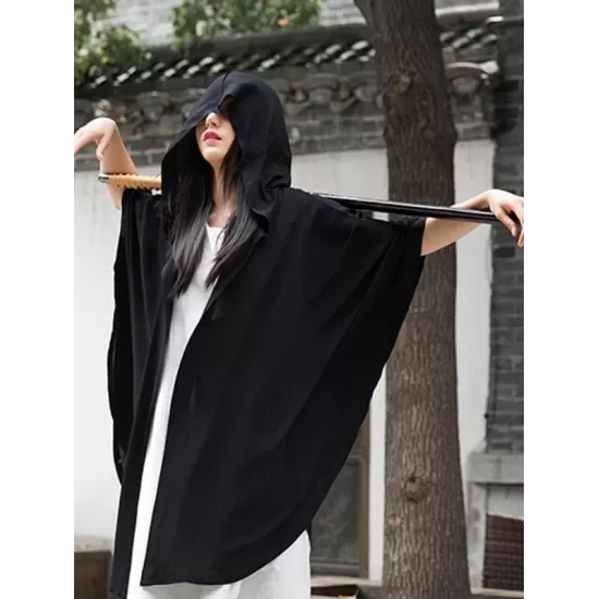 Simple Solid Loose Batwing Sleeve Hood Cape