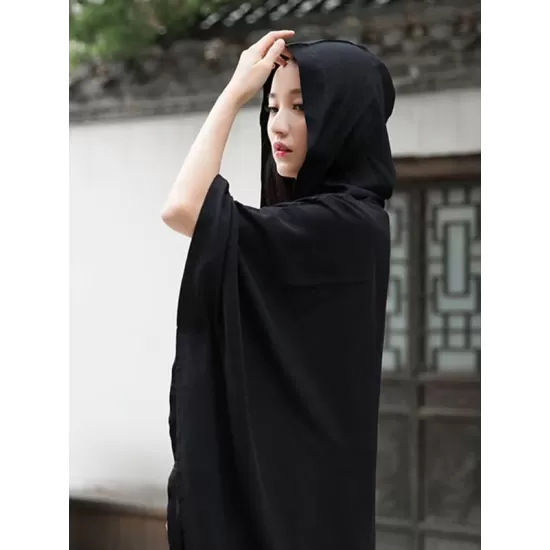 Simple Solid Loose Batwing Sleeve Hood Cape