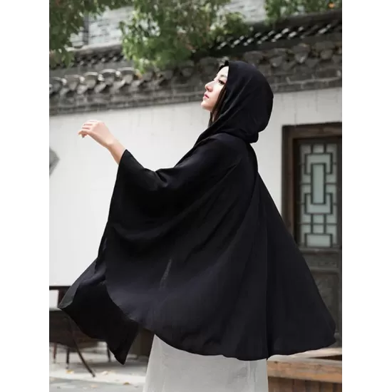 Simple Solid Loose Batwing Sleeve Hood Cape