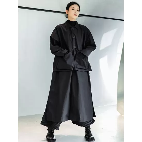 Loose Split-Joint Black False Two Trench Coat