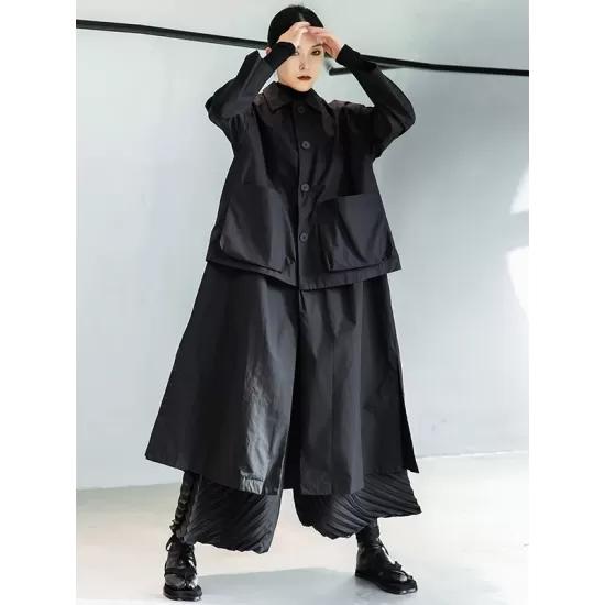 Loose Split-Joint Black False Two Trench Coat