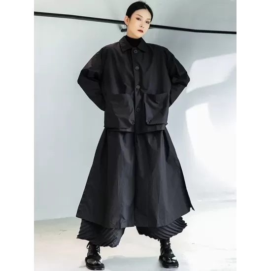 Loose Split-Joint Black False Two Trench Coat