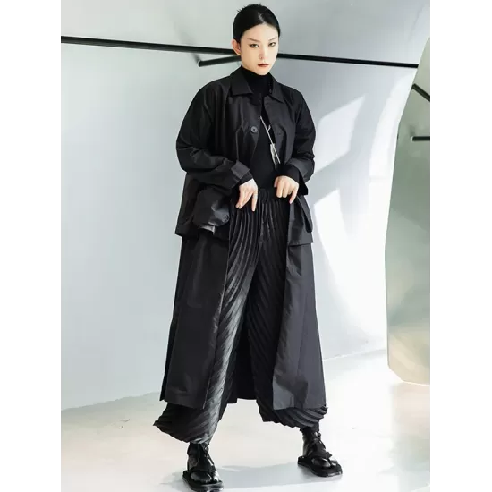 Loose Split-Joint Black False Two Trench Coat