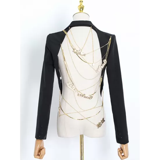 Backless Chains Long Sleeves Notched Collar Outerwear Blazer