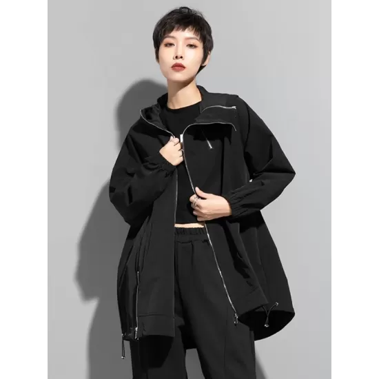 Fashion Irregularity Loose Solid Color Zipper Hooded Outerwear