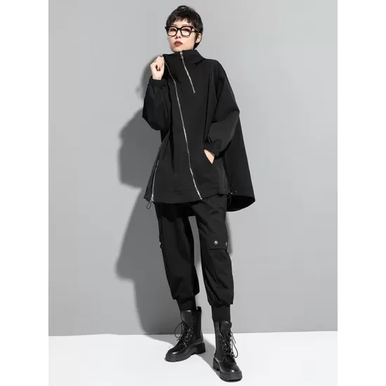 Fashion Irregularity Loose Solid Color Zipper Hooded Outerwear