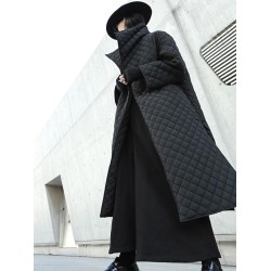 Black Rhombic Split-Side High Collar Long Coat