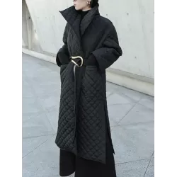 Black Rhombic Split-Side High Collar Long Coat