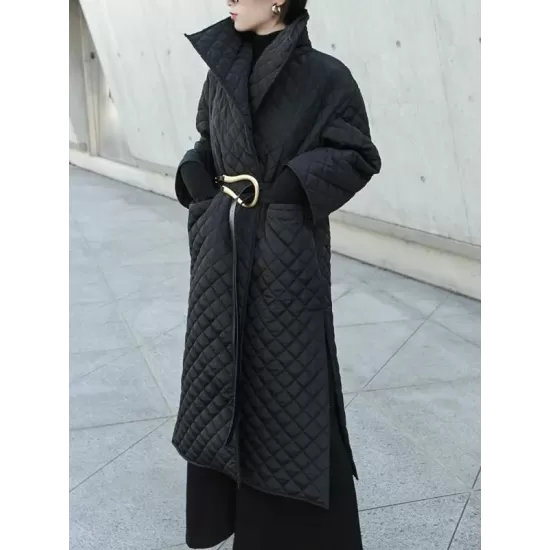 Black Rhombic Split-Side High Collar Long Coat