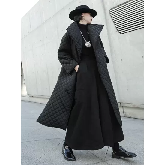 Black Rhombic Split-Side High Collar Long Coat