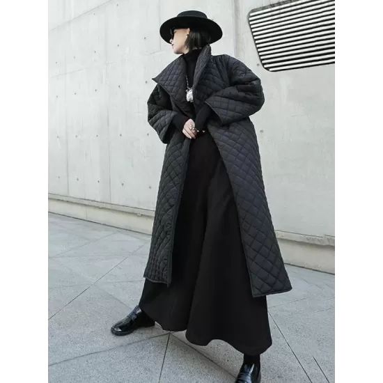 Black Rhombic Split-Side High Collar Long Coat