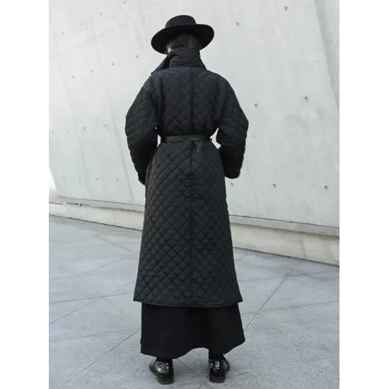 Black Rhombic Split-Side High Collar Long Coat