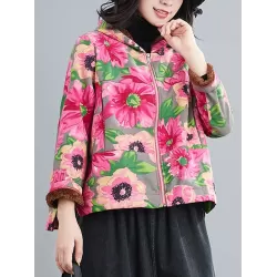 Artistic Retro Velvet Floral Printed Zipper Hooded Long Sleeves Outwear