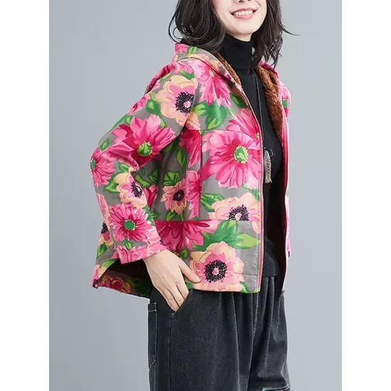 Artistic Retro Velvet Floral Printed Zipper Hooded Long Sleeves Outwear