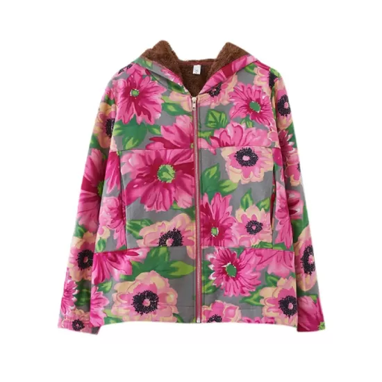 Artistic Retro Velvet Floral Printed Zipper Hooded Long Sleeves Outwear