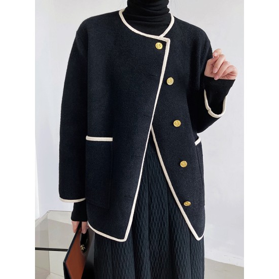 Asymmetric Buttoned Pockets Split-Joint Long Sleeves Loose Round-Neck Woolen Coat