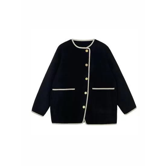 Asymmetric Buttoned Pockets Split-Joint Long Sleeves Loose Round-Neck Woolen Coat