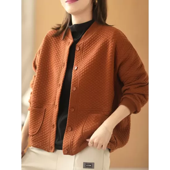 Artistic Retro Loose Long Sleeves Buttoned Solid Color Stand Collar Outerwear