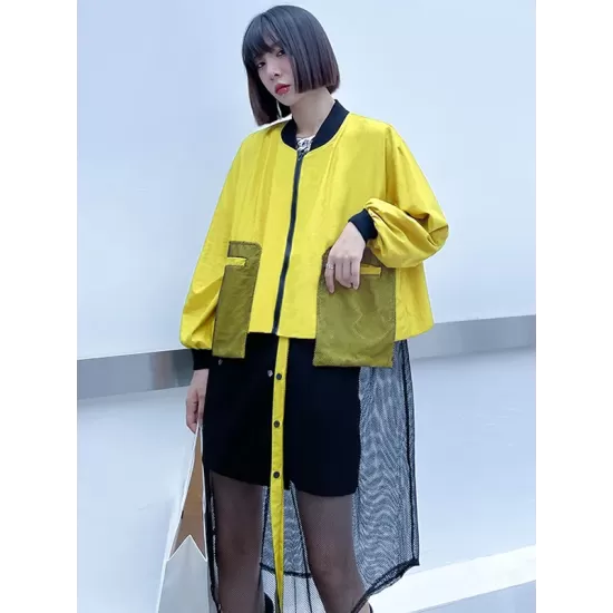 Stylish Split-Joint With Pocket Mesh Buttoned Stand Collar Long Sleeves Jacket Outwear