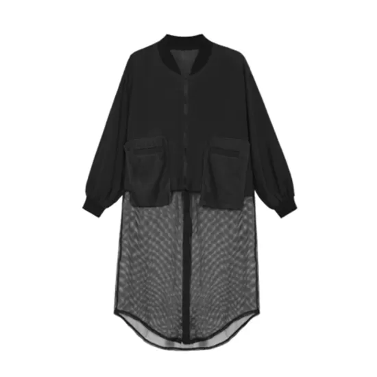 Stylish Split-Joint With Pocket Mesh Buttoned Stand Collar Long Sleeves Jacket Outwear