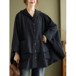 Loose Solid Color Buttoned Hooded Long Sleeves Trench Coat