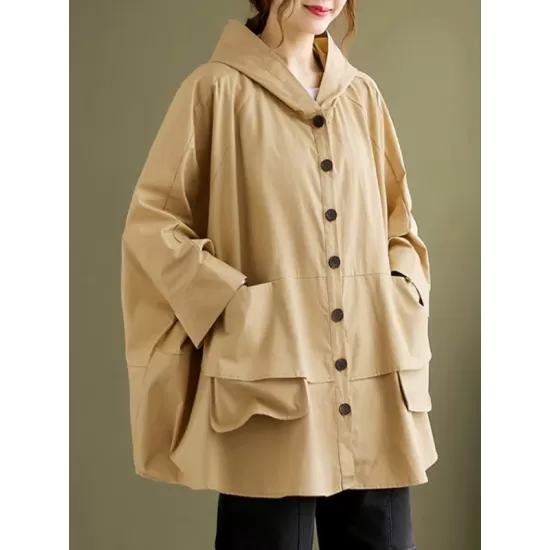 Loose Solid Color Buttoned Hooded Long Sleeves Trench Coat