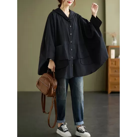 Loose Solid Color Buttoned Hooded Long Sleeves Trench Coat