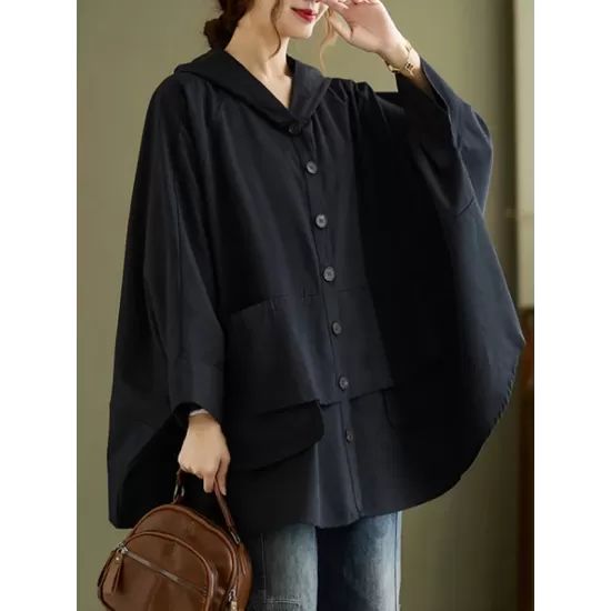 Loose Solid Color Buttoned Hooded Long Sleeves Trench Coat