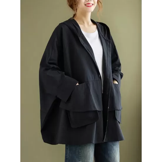 Loose Solid Color Buttoned Hooded Long Sleeves Trench Coat