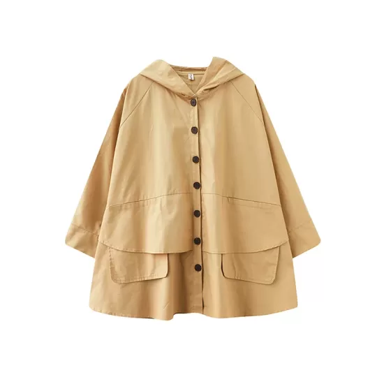 Loose Solid Color Buttoned Hooded Long Sleeves Trench Coat