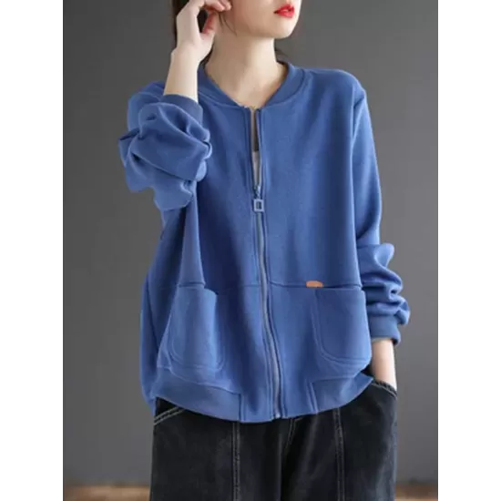 Simple Long Sleeves Loose Solid Color Zipper Stand Collar Outerwear