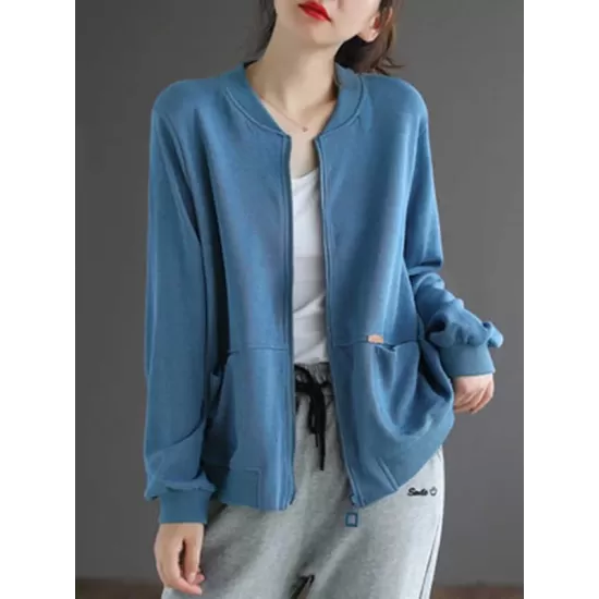 Simple Long Sleeves Loose Solid Color Zipper Stand Collar Outerwear