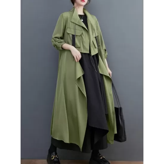 Loose Long Sleeves Drawstring Split-Joint Lapel Trench Coats