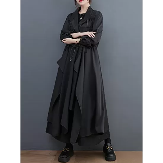 Loose Long Sleeves Drawstring Split-Joint Lapel Trench Coats