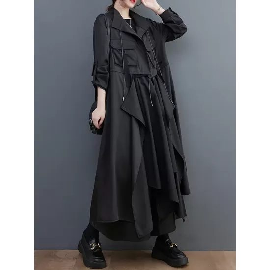 Loose Long Sleeves Drawstring Split-Joint Lapel Trench Coats