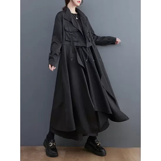 Loose Long Sleeves Drawstring Split-Joint Lapel Trench Coats