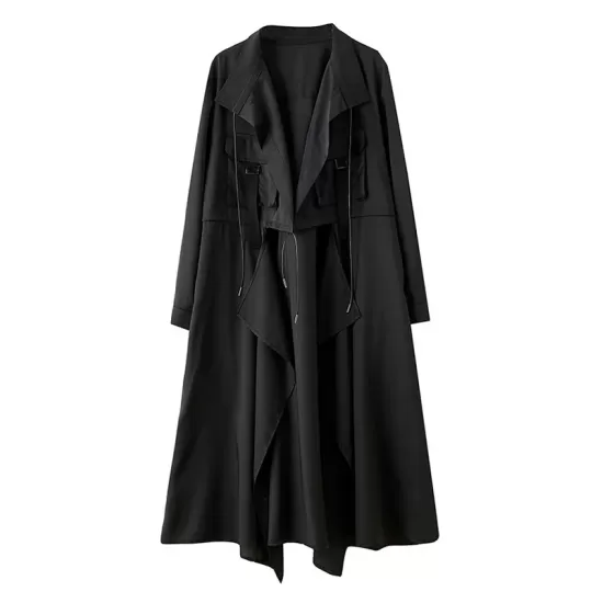 Loose Long Sleeves Drawstring Split-Joint Lapel Trench Coats